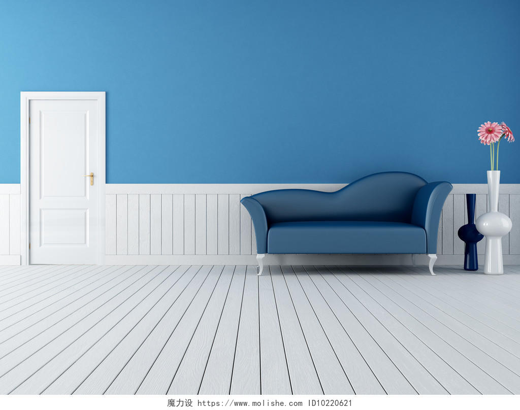 室内设计简约风格木地板蓝色沙发简约家具